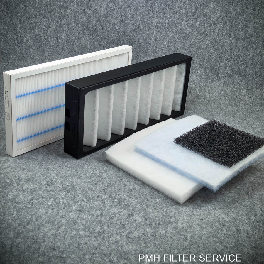 Verschiedene Luftfilterelemente und wiederverwendbare Filterrahmen aus PLA+, darunter Faltfilter und Schaumstoffmatten, für Lüftungs- und Wärmepumpensysteme von PMH FILTER SERVICE.